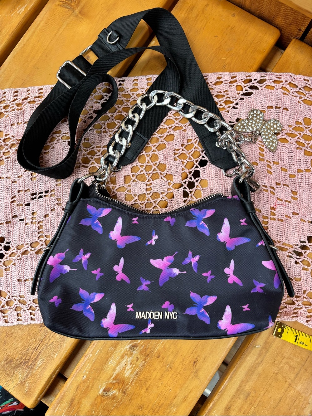 Madden NYC Butterfly Print Charm Chain Crossbody Bag - Black/Purple